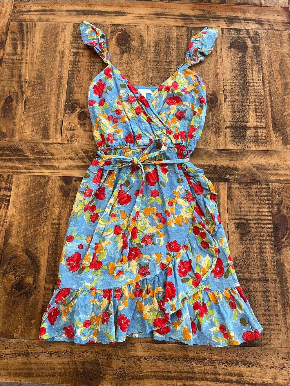 LC Lauren Conrad Light Blue Floral Tie-Waist Sundress with Red & Yellow Blooms